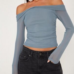 Nauri Mesh Bardot Top In Blue Grey